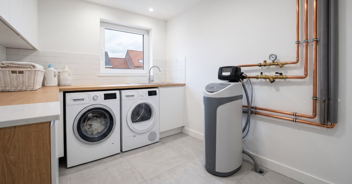 Adoucisseur d'eau connecté à la tuyauterie d'une habitation en Belgique.
