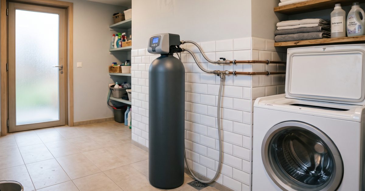 Adoucisseur d'eau de la marque Culligan modèle Evolife dans la buanderie d'une habitation.