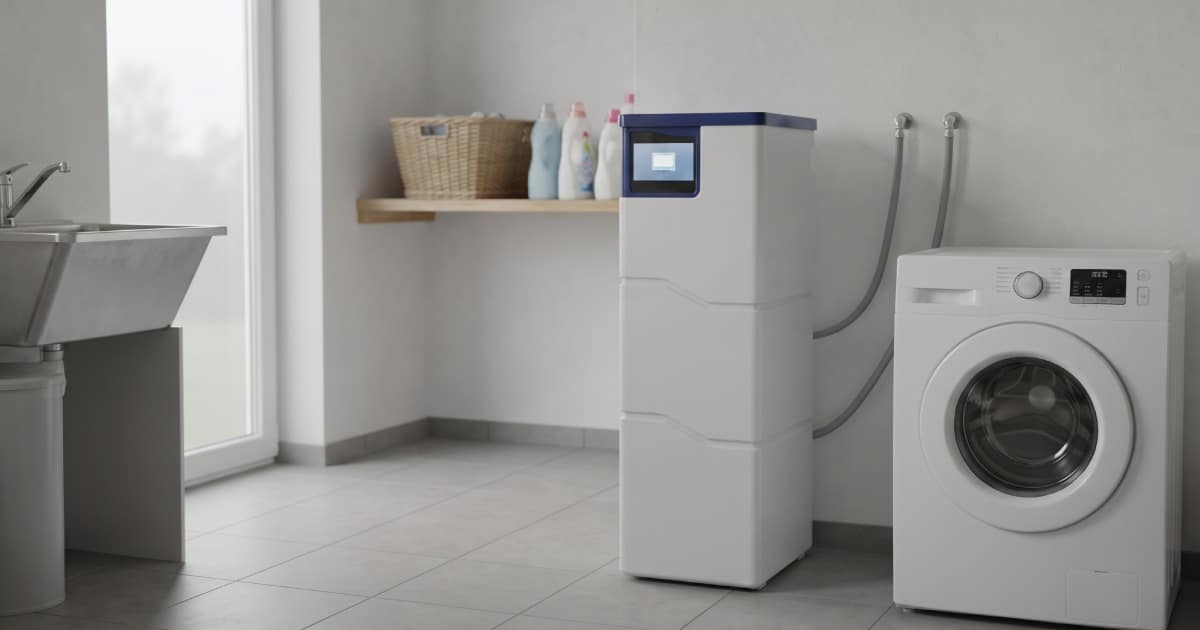 Adoucisseur Durlem posé près d'une machine à laver dans la buanderie d'une habitation.
