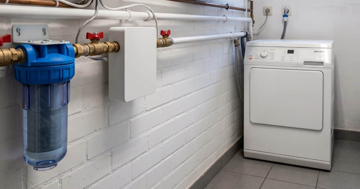 Adoucisseur de la marque Ecobulles dans la buanderie d'une habitation avec une machine à laver à proximité.