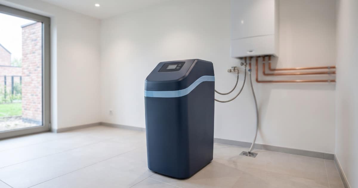 Adoucisseur d'eau de la marque EcoWater dans la buanderie d'une nouvelle construction en Belgique.