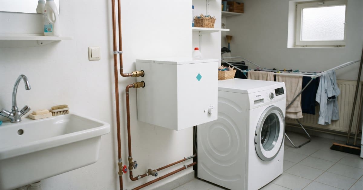 Un adoucisseur de la marque Hydrokube installé près d'une machine à laver dans une habitation.