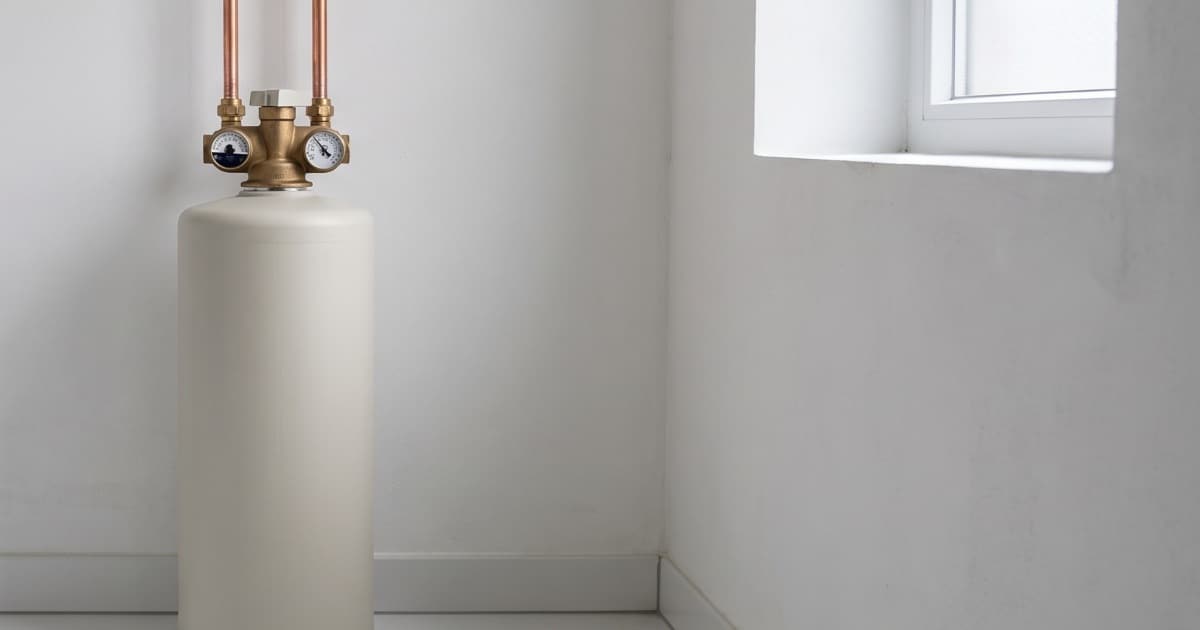 Adoucisseur sans électricité beige dans la buanderie d'une maison.