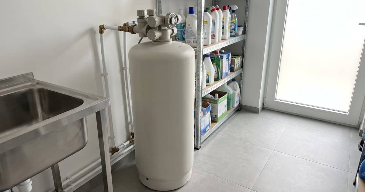 Adoucisseur d'eau sans électricité branché dans la buanderie d'une maison.