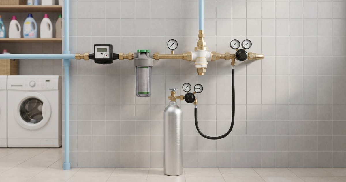 Adoucisseur SoluCalc dans la buanderie d'une habitation.