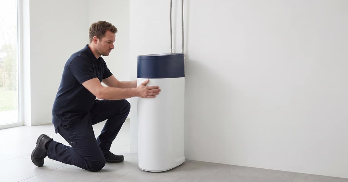 Installation d'un adoucisseur d'eau de la marque Van Marcke par un homme dans une maison en Belgique.