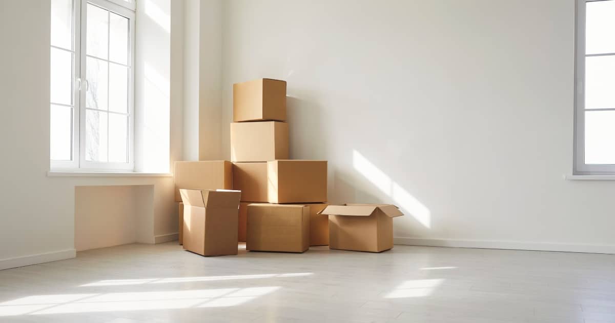 Pièce vide d'un appartement avec des caisses en carton.