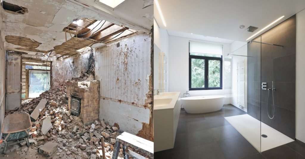 montage reprenant 2 photos d'une même pièce : l'une en phase de démolition et l'autre après les travaux de rénovation de la salle de bain