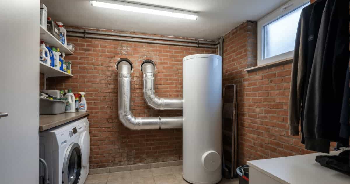 Un boiler thermodynamique blanc installé dans une buanderie belge aux murs en briques rouges avec deux gaines d'air isolées en aluminium traversant le mur extérieur, une machine à laver et des étagères de produits ménagers occupant l'espace à gauche.