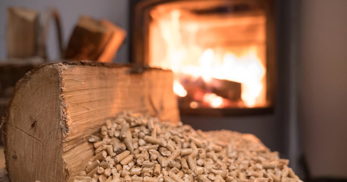 feu dans un poêle à pellets avec bois et granulés devant