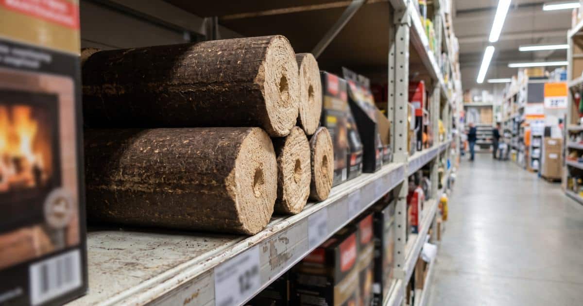 Bûche de ramonage en vente dans un magasin de bricolage.