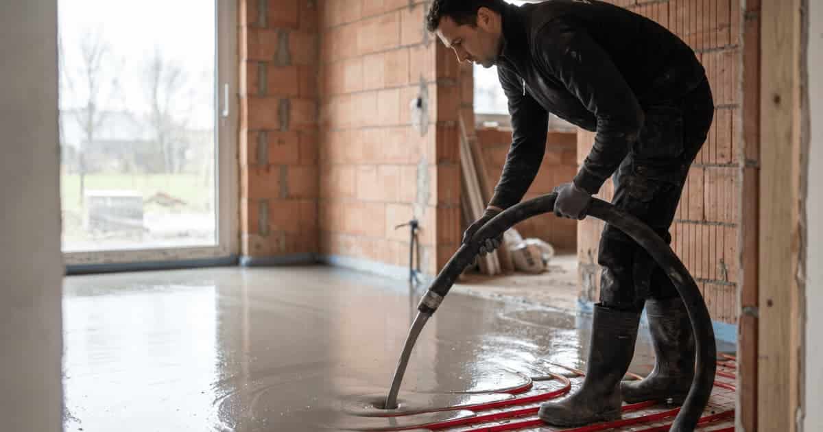Chauffagiste en bottes et vêtements de travail coulant une chape liquide grise à l'aide d'un tuyau flexible sur des tuyaux rouges de chauffage au sol dans une maison en construction aux murs en blocs de terre cuite.