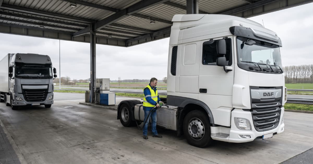 Un chauffeur poids lourd en gilet de sécurité jaune et bleu fait le plein de diesel sur un camion blanc à une station-service dédiée aux poids lourds sous un auvent métallique par temps couvert avec un second camion stationné en arrière-plan sur un terrain plat typiquement belge.