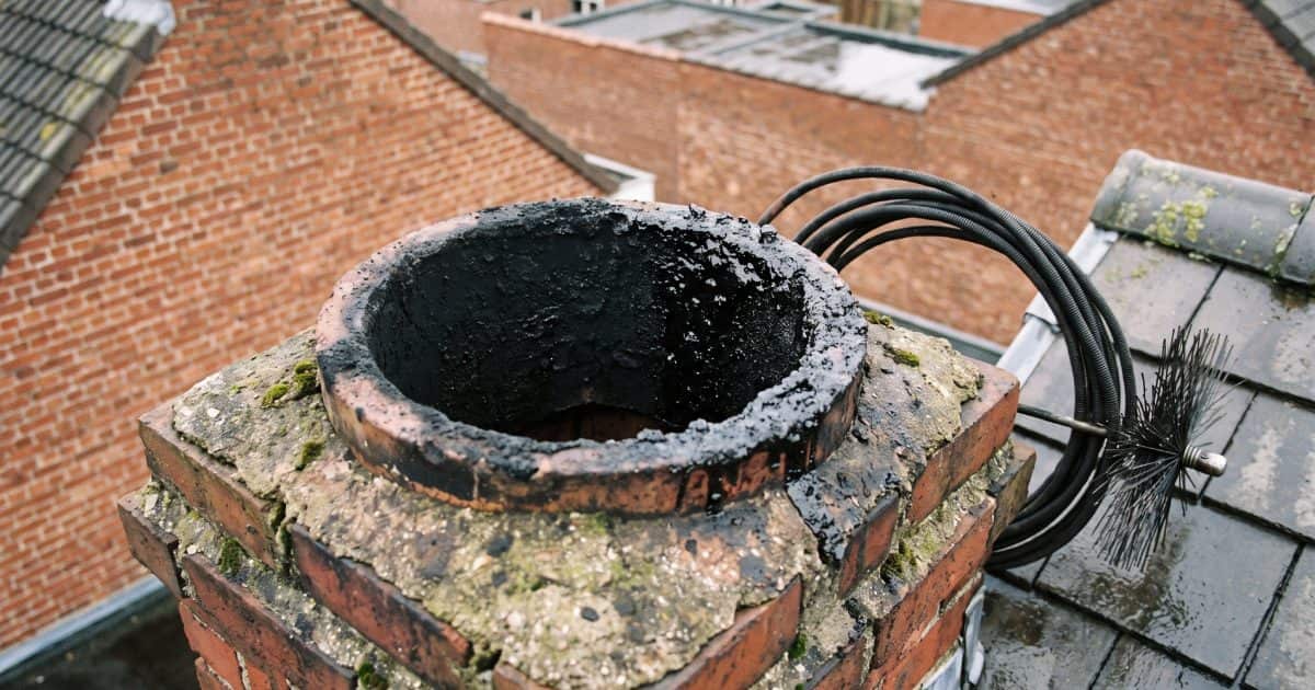 Cheminée encrassée avec un hérisson de ramonage sur le toit d'une habitation.