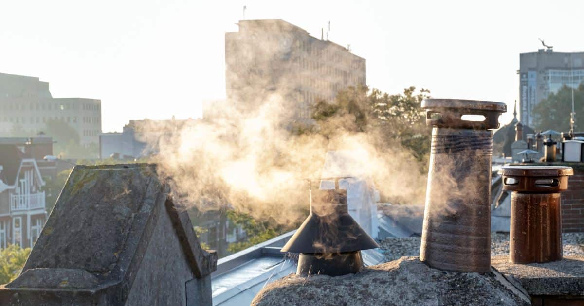 Panorama de plusieurs cheminées dont une qui fume.