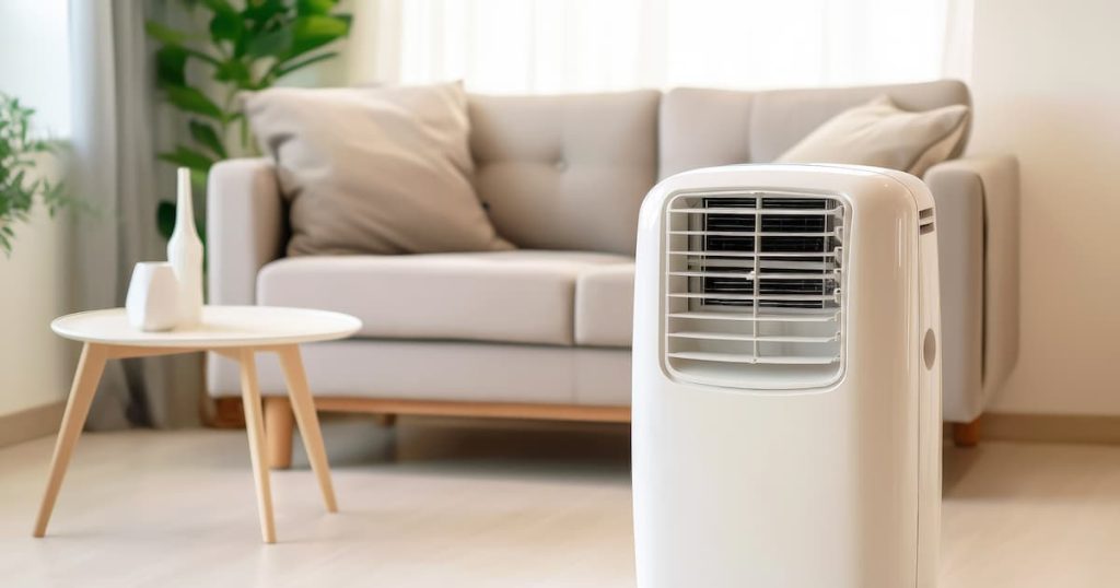 climatiseur portable ou refroidisseur d'air mobile dans le salon moderne