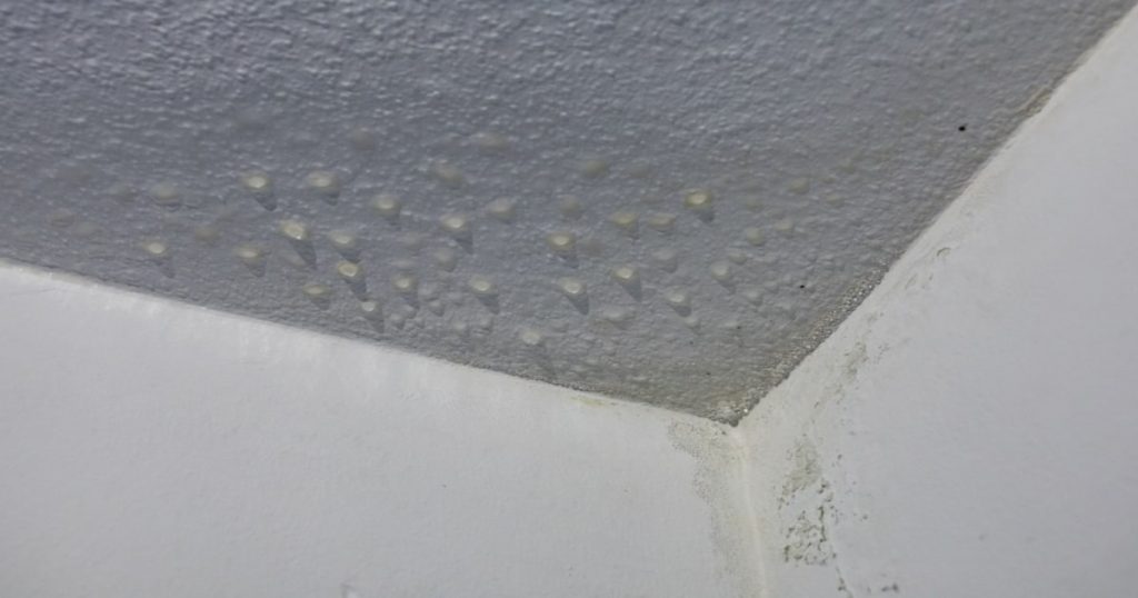 L'angle d'un plafond atteint d'humidité sous forme de condensation. 