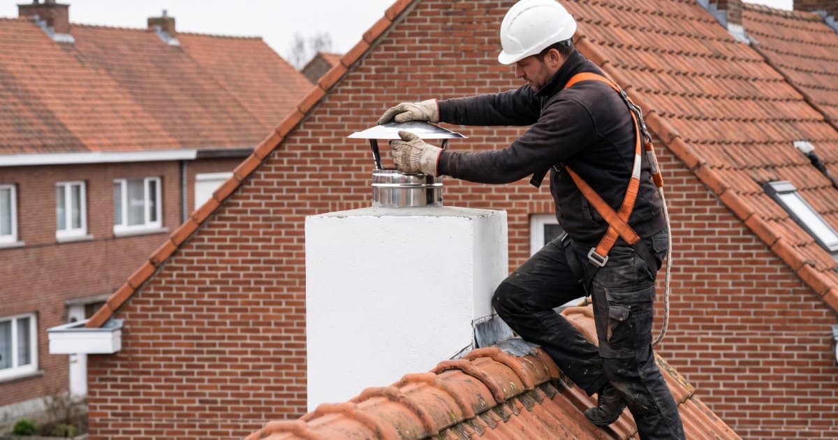 Couvreur qui tube une cheminée sur le toit d'une habitation en Belgique.