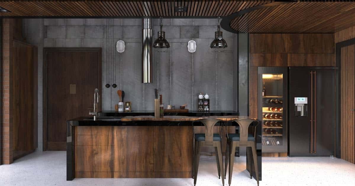 Cuisine industrielle sombre avec bois foncé et accents noirs