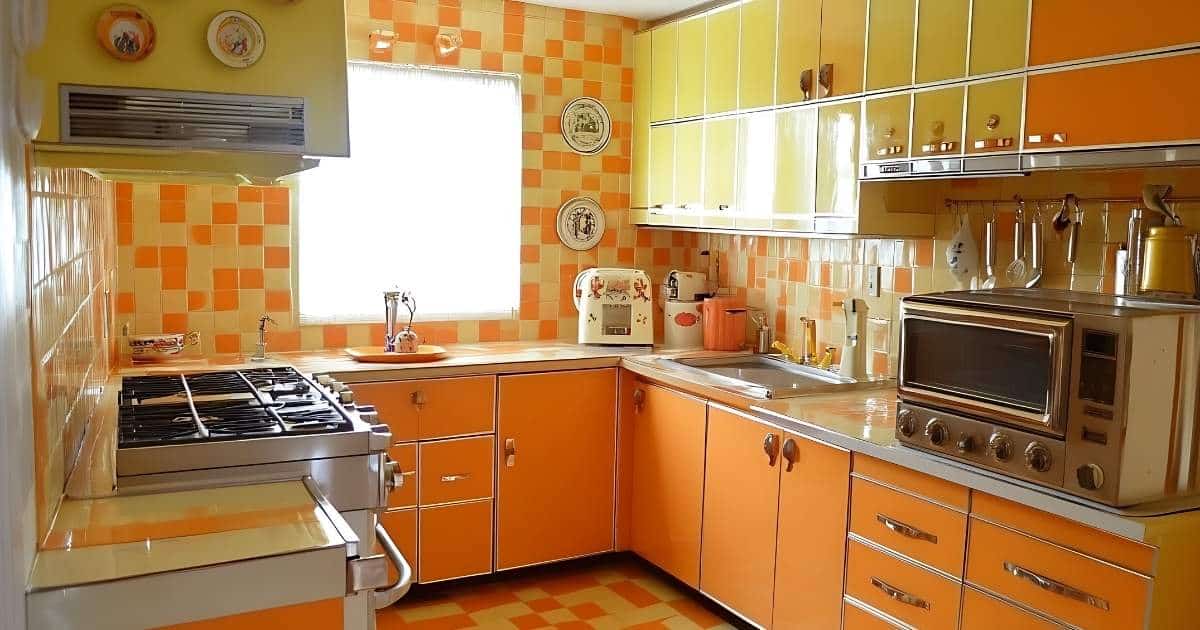 Cuisine vintage orange avec petits carreaux et vieux four et plaques de cuisson
