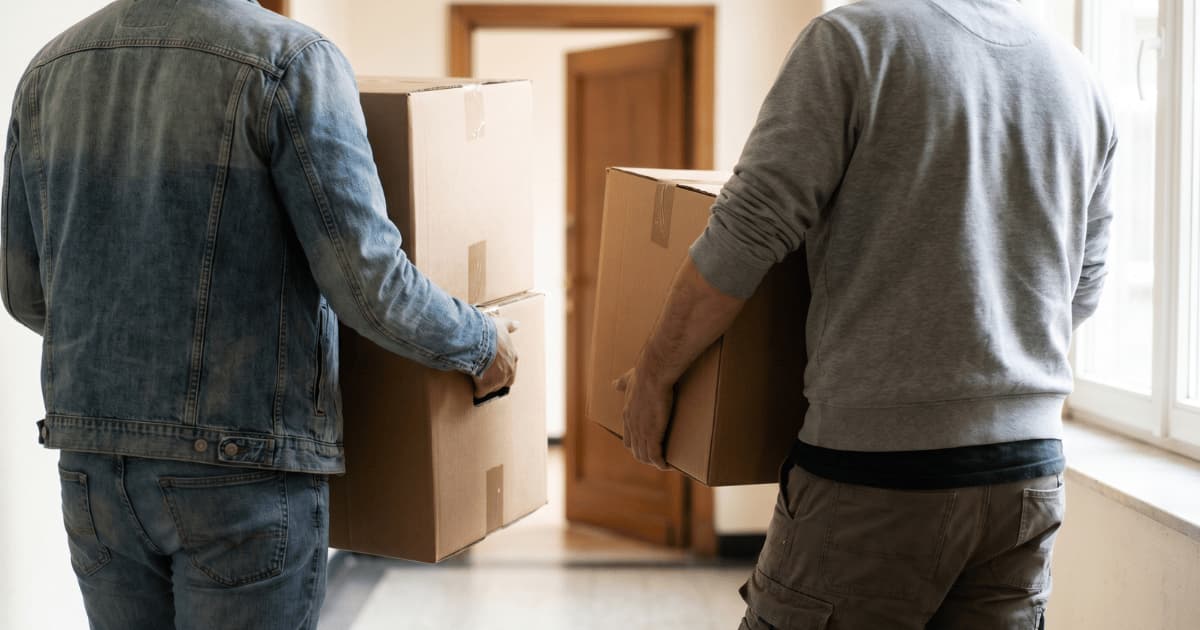 Deux hommes vus de dos transportent chacun un carton de déménagement dans un couloir lumineux en direction d'une porte en bois ouverte au fond.