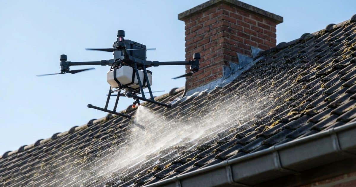 Drone utilisé pour démousser la toiture d'une maison.
