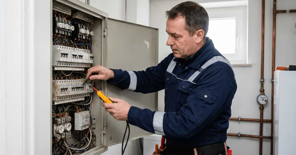 Un électricien en tenue de travail teste un ancien tableau électrique ouvert à l'aide d'un multimètre pour vérifier la capacité de l'installation avant la pose d'une borne de recharge.