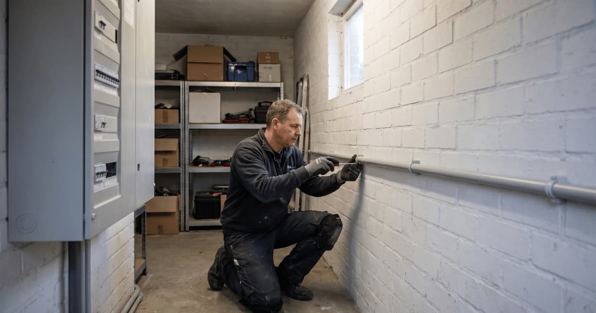 Un électricien agenouillé dans un garage fixe un conduit gris le long d'un mur en briques peintes en blanc pour tirer un câble dédié depuis le tableau électrique jusqu'à l'emplacement prévu de la borne de recharge.