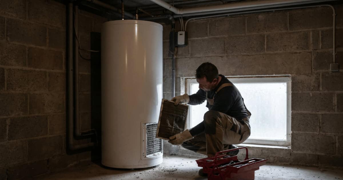 Un technicien accroupi dans une cave belge aux murs en blocs de béton retire le filtre à air encrassé d'un boiler thermodynamique blanc cylindrique tandis qu'une caisse à outils rouge repose au sol à côté de lui.
