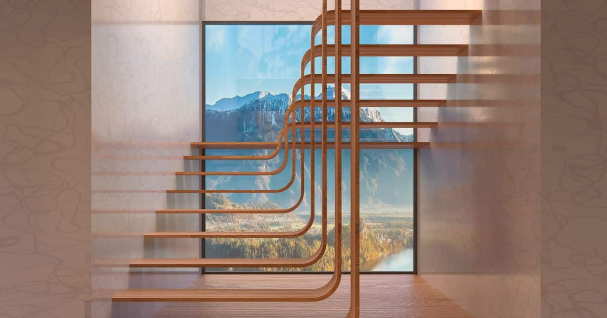 Escalier design en bois suspendu avec palier