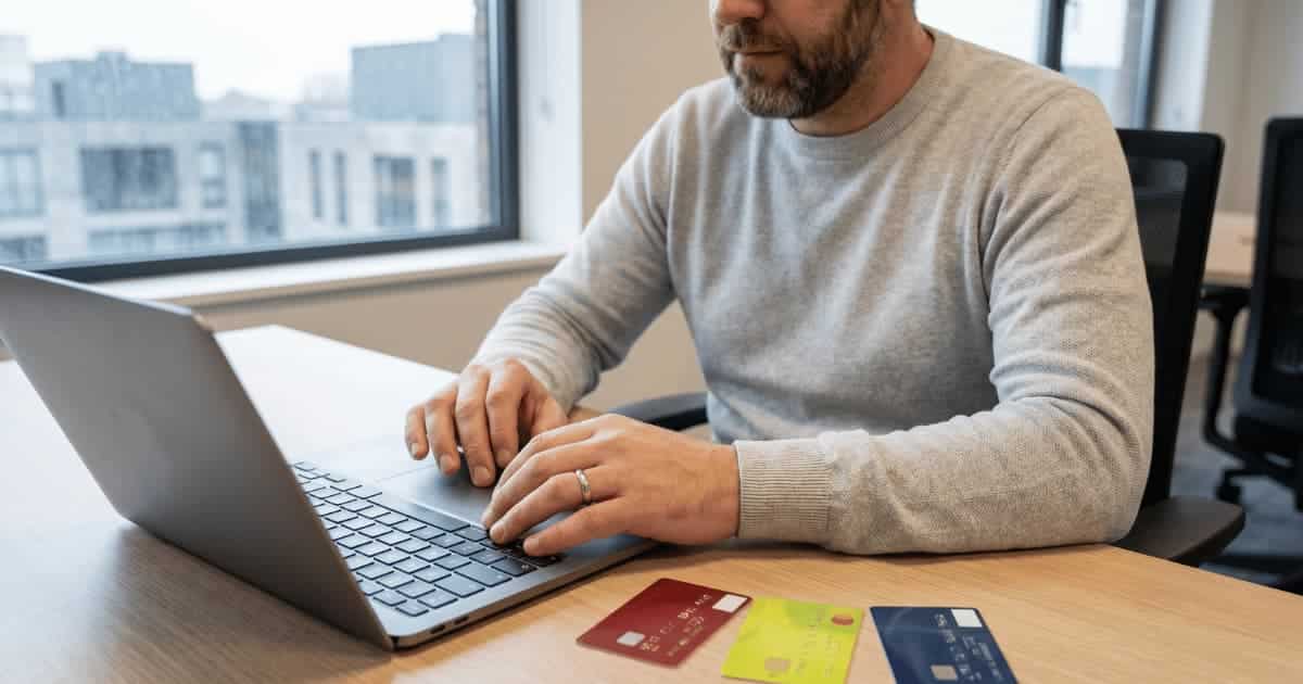Un gestionnaire de flotte barbu tape sur son laptop dans un bureau moderne tandis que trois cartes carburant de couleurs différentes sont posées sur le bureau devant lui.