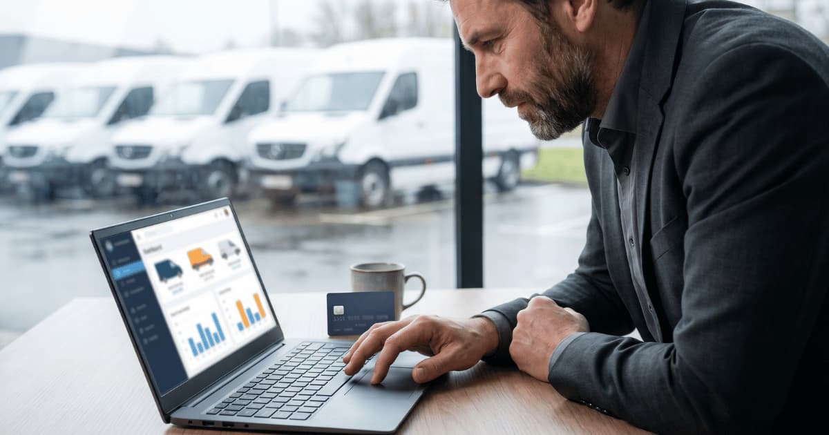 Un gestionnaire de flotte consulte un tableau de bord de reporting sur son ordinateur portable avec une carte carburant posée sur le bureau tandis que des camionnettes blanches sont garées en arrière-plan sous la pluie.