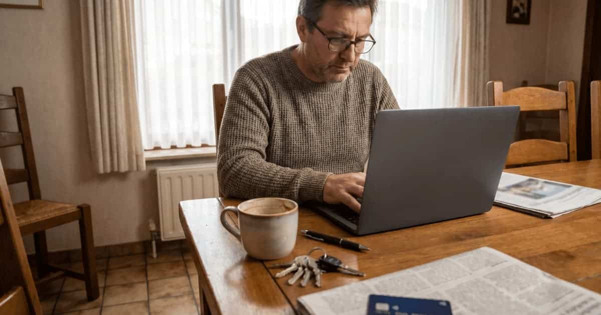 Un homme en pull assis à une table de cuisine belge consulte son ordinateur portable tandis qu'une carte carburant bleue repose entre un trousseau de clés et un journal sur la table en bois.