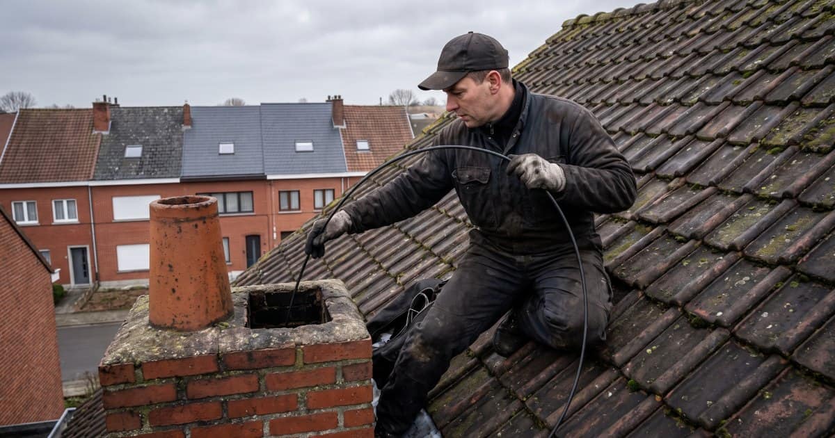 Ramoneur qui inspecte une cheminée avec une caméra endoscopique.