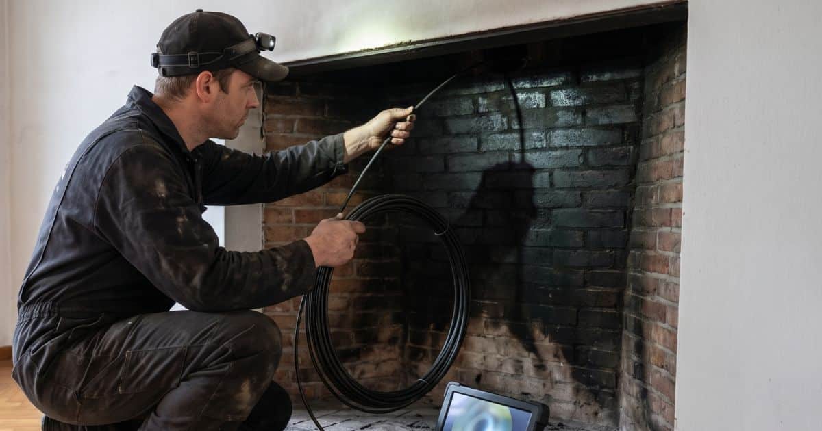 Ramoneur qui inspecte l'intérieur d'une cheminée avec une caméra.