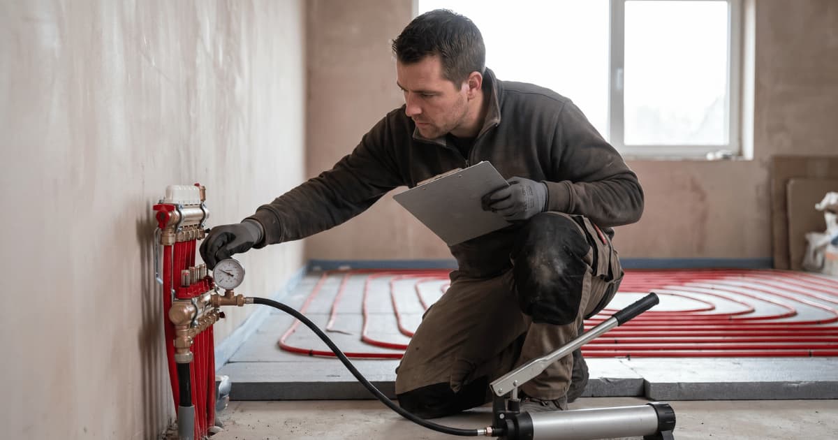 Installateur accroupi vérifiant la pression sur un manomètre raccordé au collecteur de chauffage au sol tout en notant les résultats sur un clipboard avec une pompe de test manuelle posée au sol à côté de lui.