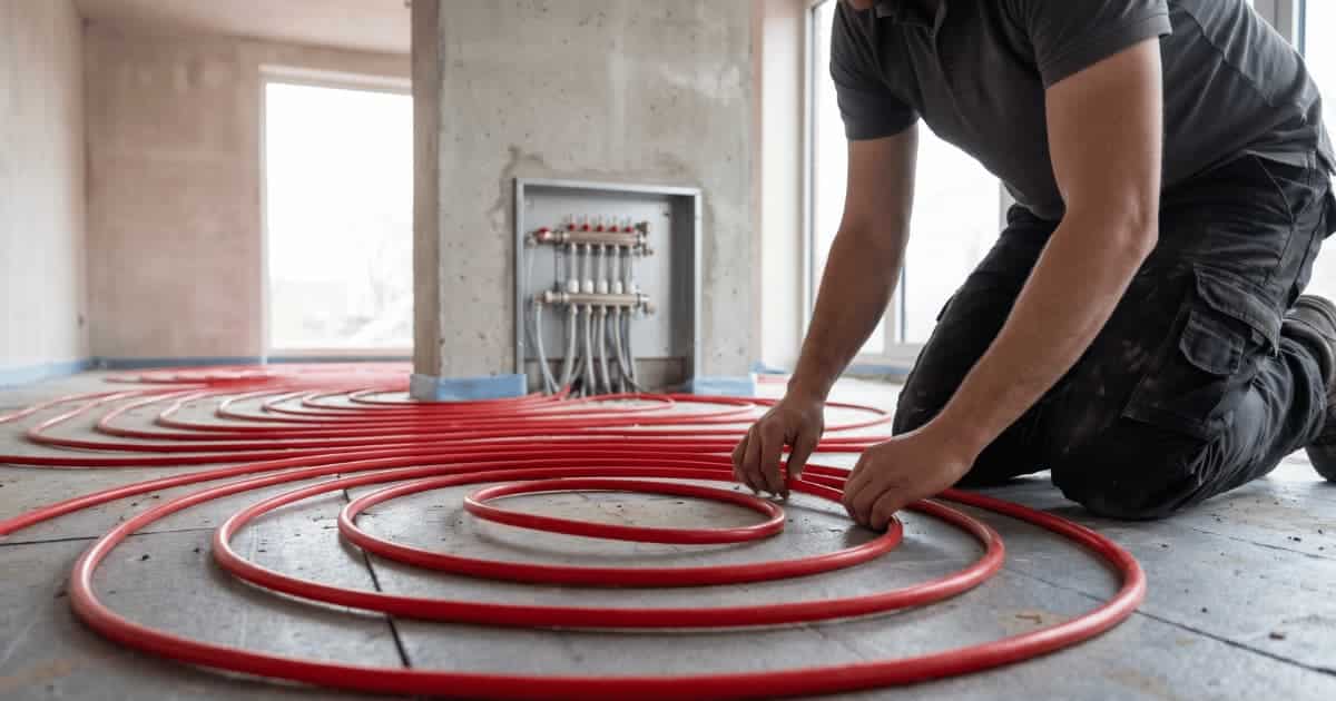 Installateur agenouillé fixant des tuyaux rouges de chauffage au sol en spirale sur des panneaux isolants gris avec un collecteur métallique encastré dans un pilier en béton en arrière-plan.
