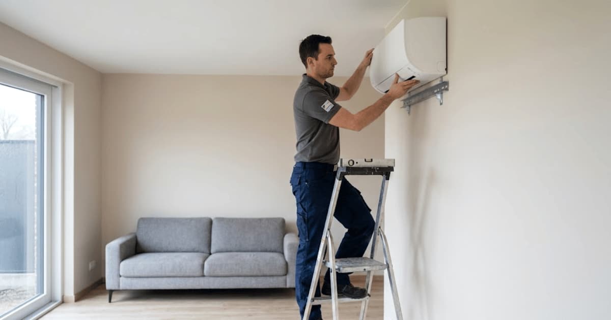 Un technicien en polo gris et pantalon de travail bleu monte sur un escabeau pour fixer une unité intérieure de climatisation blanche sur son support métallique mural dans un salon moderne aux murs clairs avec un canapé gris en arrière-plan.