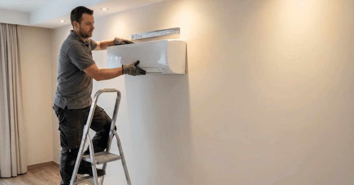 Un installateur en polo gris et pantalon de travail se tient sur un escabeau et positionne des deux mains une unité intérieure de climatisation blanche sur son support mural dans un salon aux murs blancs.