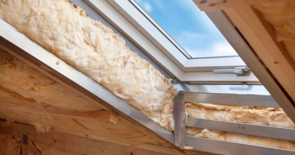 L'intérieur d'un rampant de maison avec une fenêtre de type Velux au milieu pendant sa phase d'isolation à la laine de verre. 