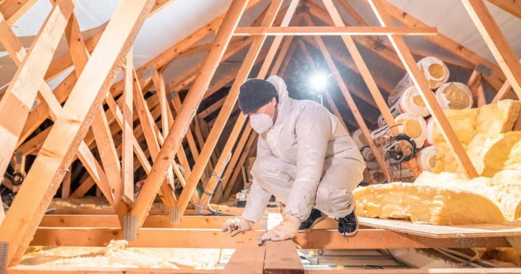 Un homme en tenue de protection est accroupi dans les combles d'une maison et installe de la laine de verre pour isoler sa toiture. 