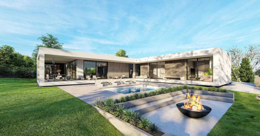 jardin moderne avec piscine et brasero 