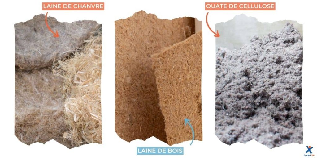 Montage montrant 3 types d'isolants : la laine de chanvre, la laine de bois et l'ouate de cellulose