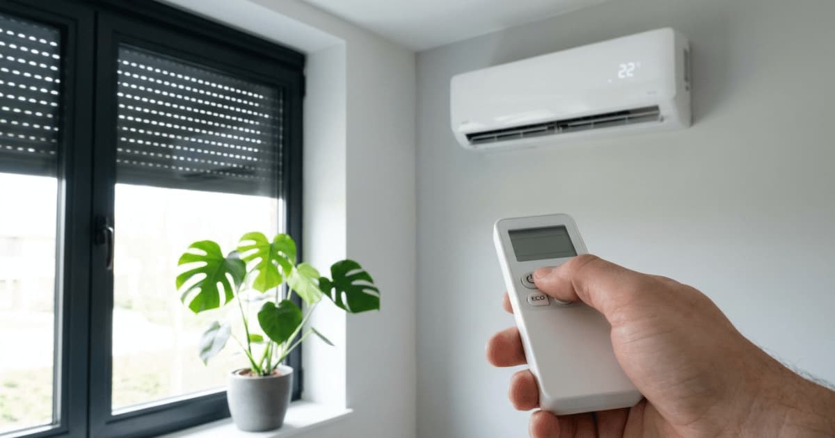 Une main appuie sur le bouton eco d'une télécommande de climatisation pointée vers une unité murale blanche affichant 22 degrés, dans une pièce aux murs clairs avec un store vénitien mi-fermé et une plante monstera sur le rebord de la fenêtre.