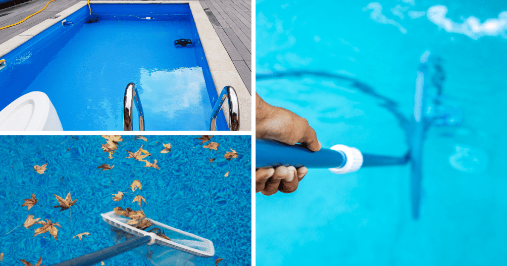 Montage avec 3 photos représentant une épuisette, un balai pour piscine et aspirateur à piscine