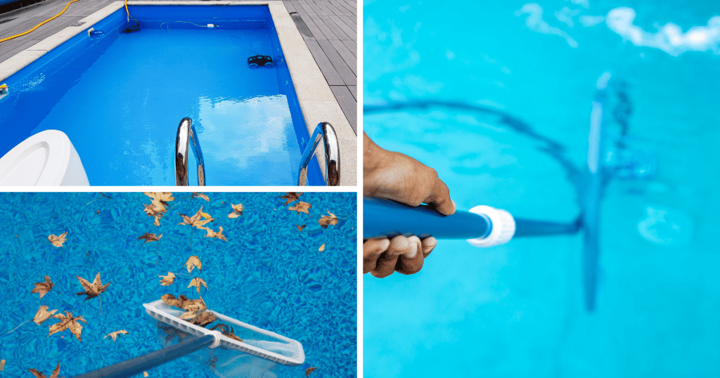 Processus De Nettoyage De La Piscine Par Un Filet à Main Pendant La Saison  Estivale