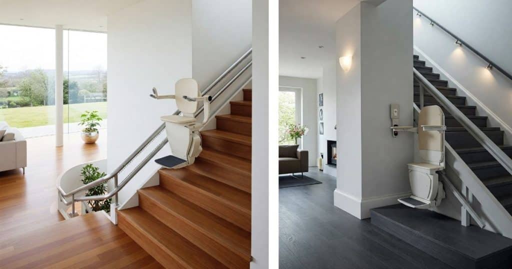 Deux photos de monte-escaliers installés dans des maisons modernes avec étage et rampes électriques