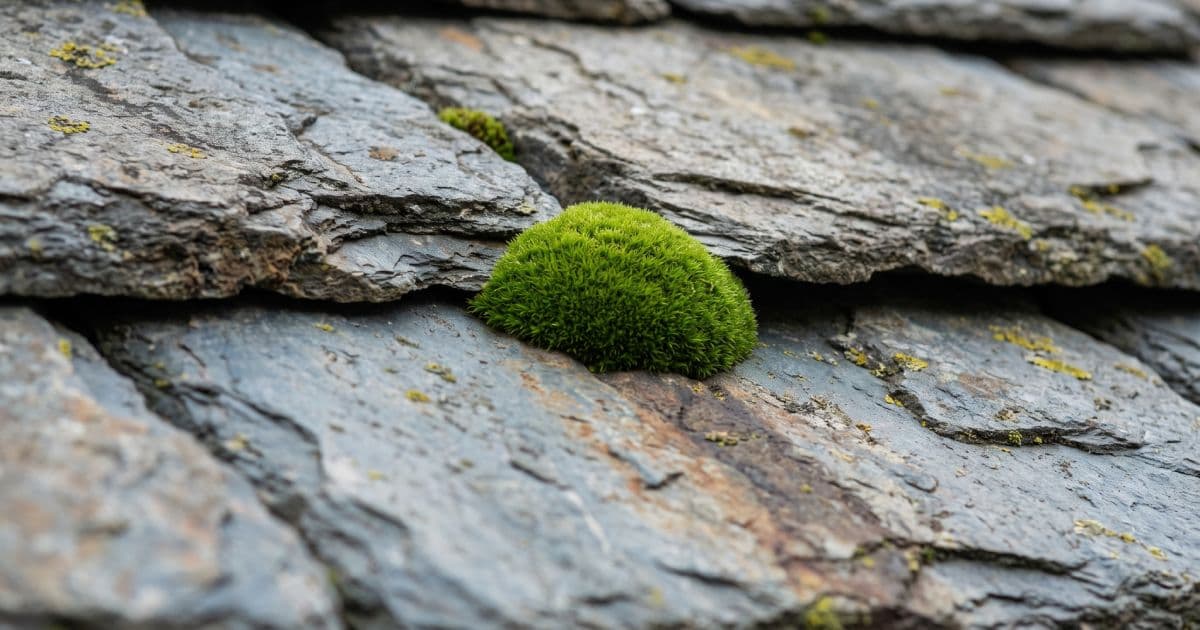 Mousse sur une toiture en ardoise. Vue de près.