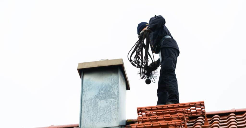 Homme nettoyant une cheminée par le haut