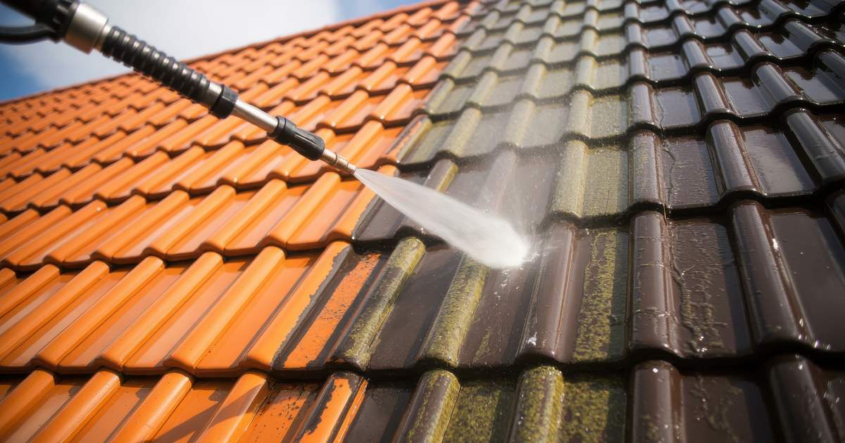 Une buse de lavage sous pression dirige un fort courant d'eau pour nettoyer un toit.